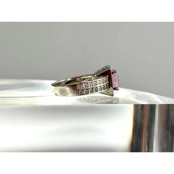 Pink Spinel Emerald Cut CZ Lined Double Shank Vintage Sterling Silver Ring  sz 5 - Picture 8 of 10